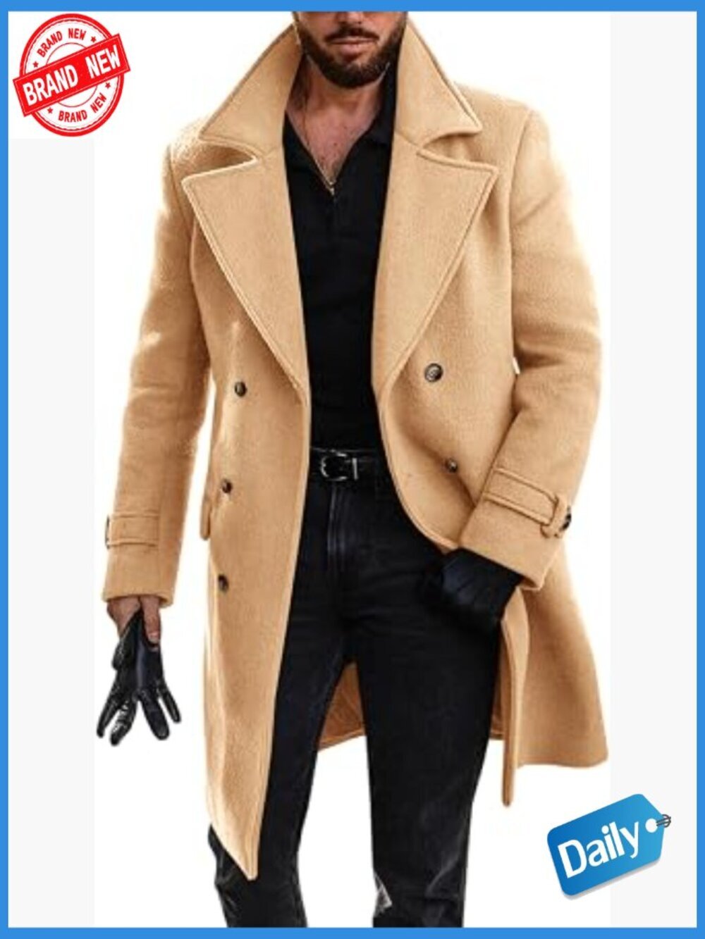 Men's Double Breasted Trench Coat Mid Long Notched Lapel Winter